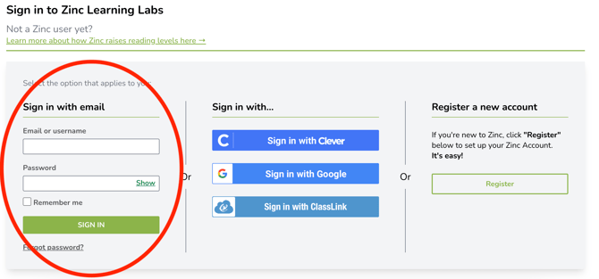 Zinc Sign In Page - Direct